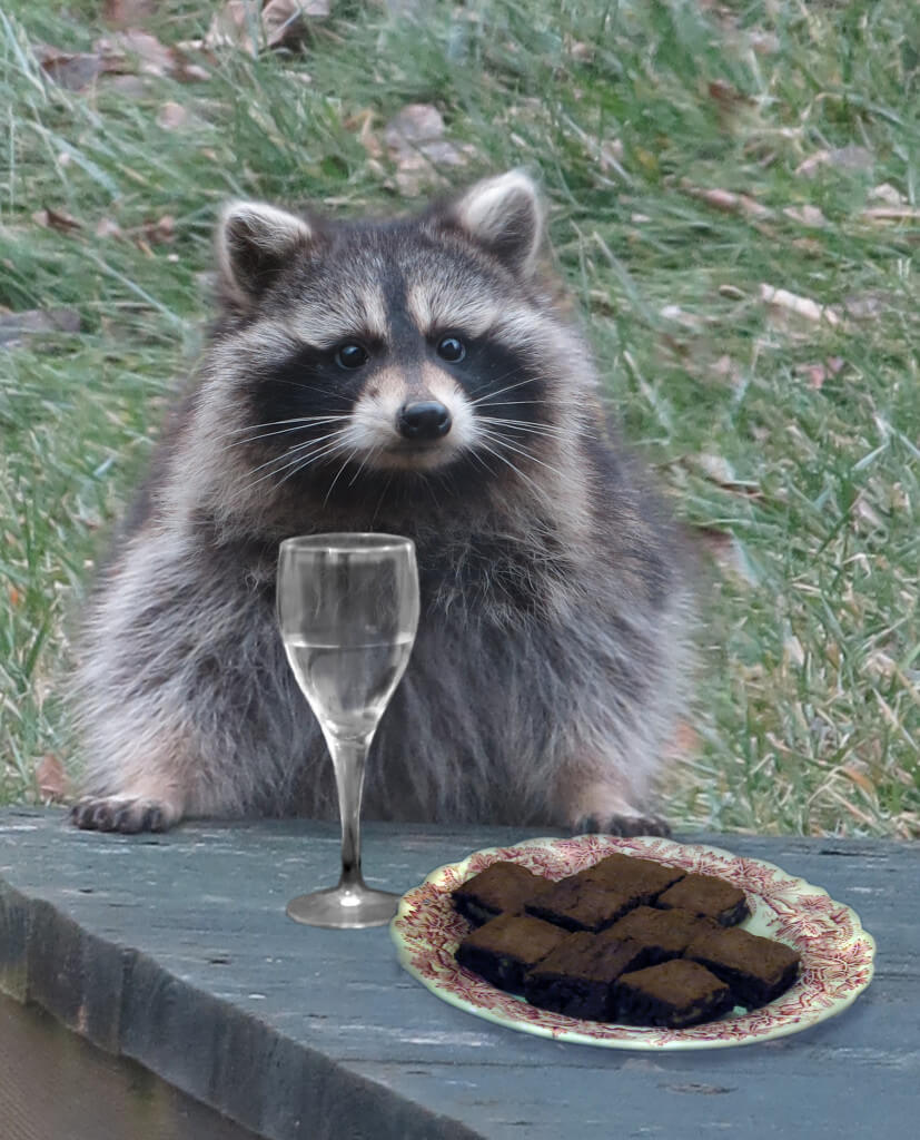 Signs from the Other Side -- In Ithaca, New York, Robin Botie Photoshops brownies and a glass of wine in front of a raccoon that sits, waiting on the deck of her home.