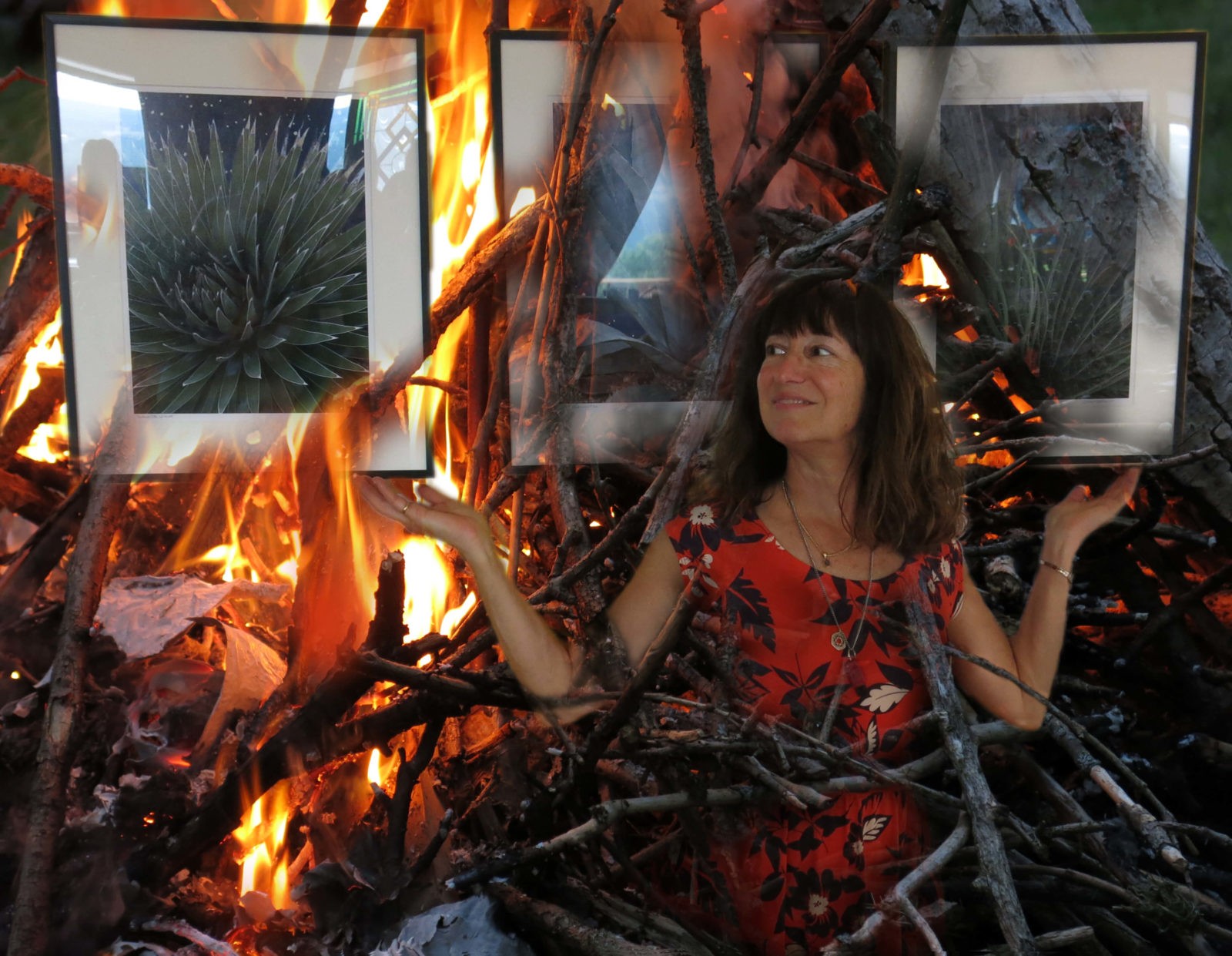 Robin Botie of Ithaca, New York, photoshops her image in campfire flames along with photos from an exhibit of wildlife-up-close by Fingerlakes Photographers