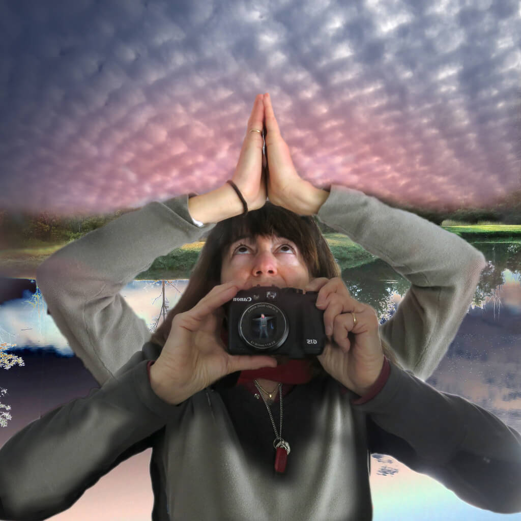 Robin Botie of Ithaca, New York, photoshops selfie, grieving and being grateful under a mackerel sky.