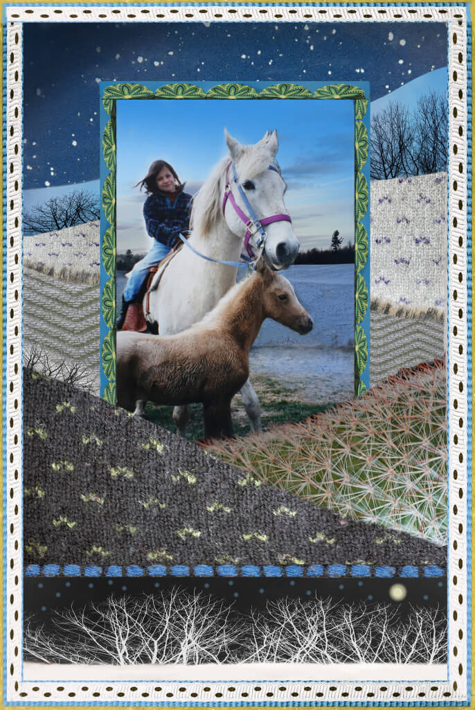 Robin Botie of Ithaca, New York, photoshops borders around a picture of her daughter Marika Warden riding in fields with horses.