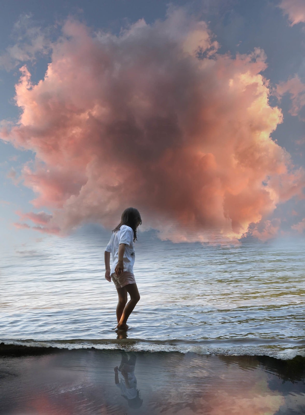 Robin Botie of Ithaca, New York, in a quest for joy, photoshops a lone girl with her head in a pink cloud.
