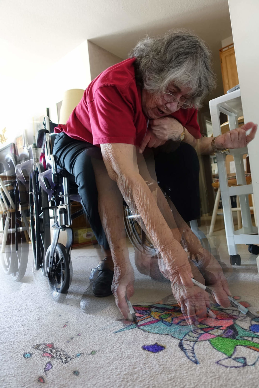 Robin Botie of Ithaca, New York, photoshops an old friend joyfully painting her carpet from a wheelchair.