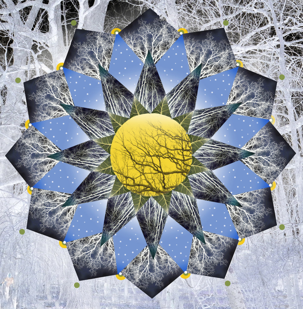 Robin Botie of Ithaca, New York, photoshops a mandala of the supermoon and trees in a kaleidoscope of tears.
