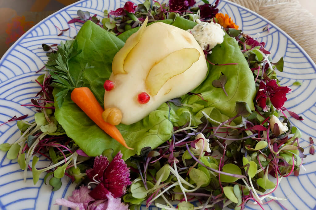 Robin Botie of Ithaca, New York, photographs a pear bunny salad using all fresh fruits and vegetables.