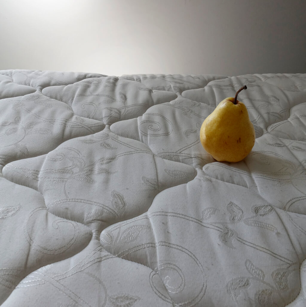 Robin Botie of Ithaca, New York, photographs a perfectly ripe pear on a mattress when her grown son moves out of the house.