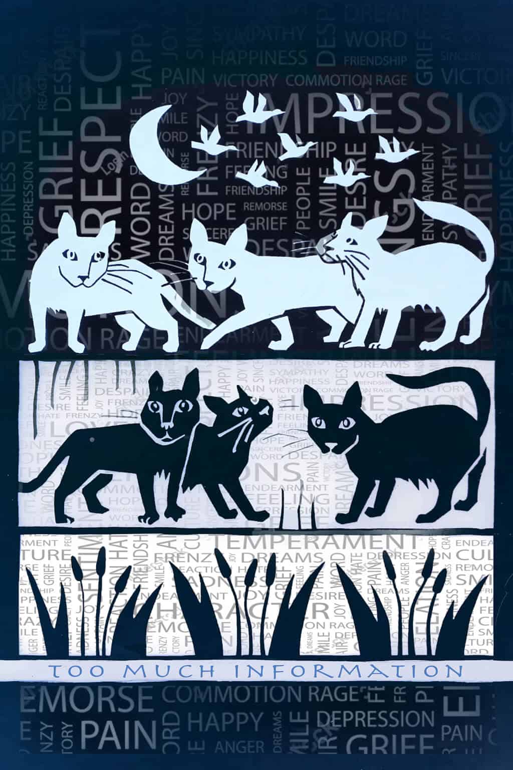 Robin Botie of Ithaca, New York, photoshops a silkscreened design she made for Silk Oak, to illustrate grieving cats.