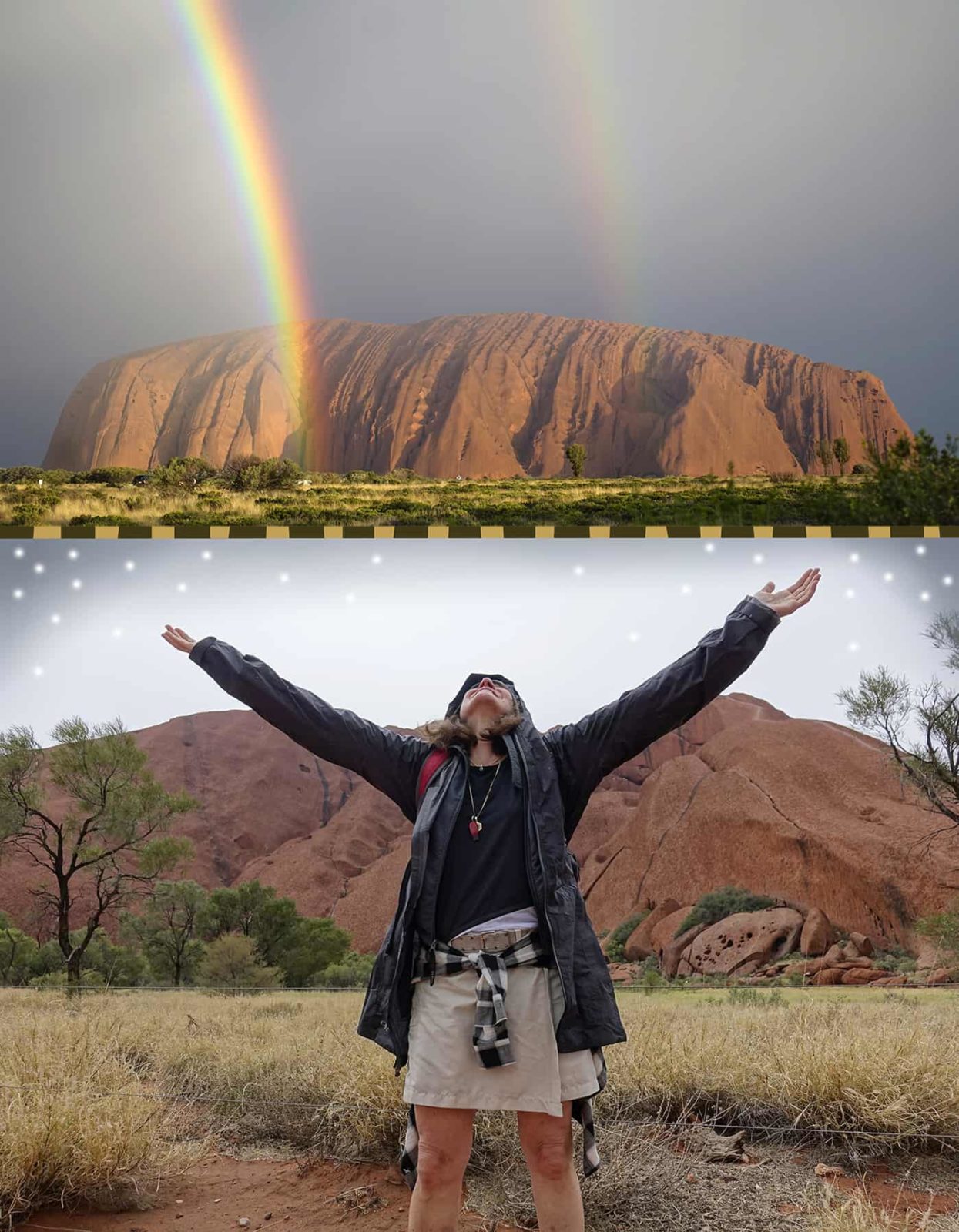 Robin Botie of Ithaca, New York, at Uluru aka Ayers Rock watching a double rainbow.
