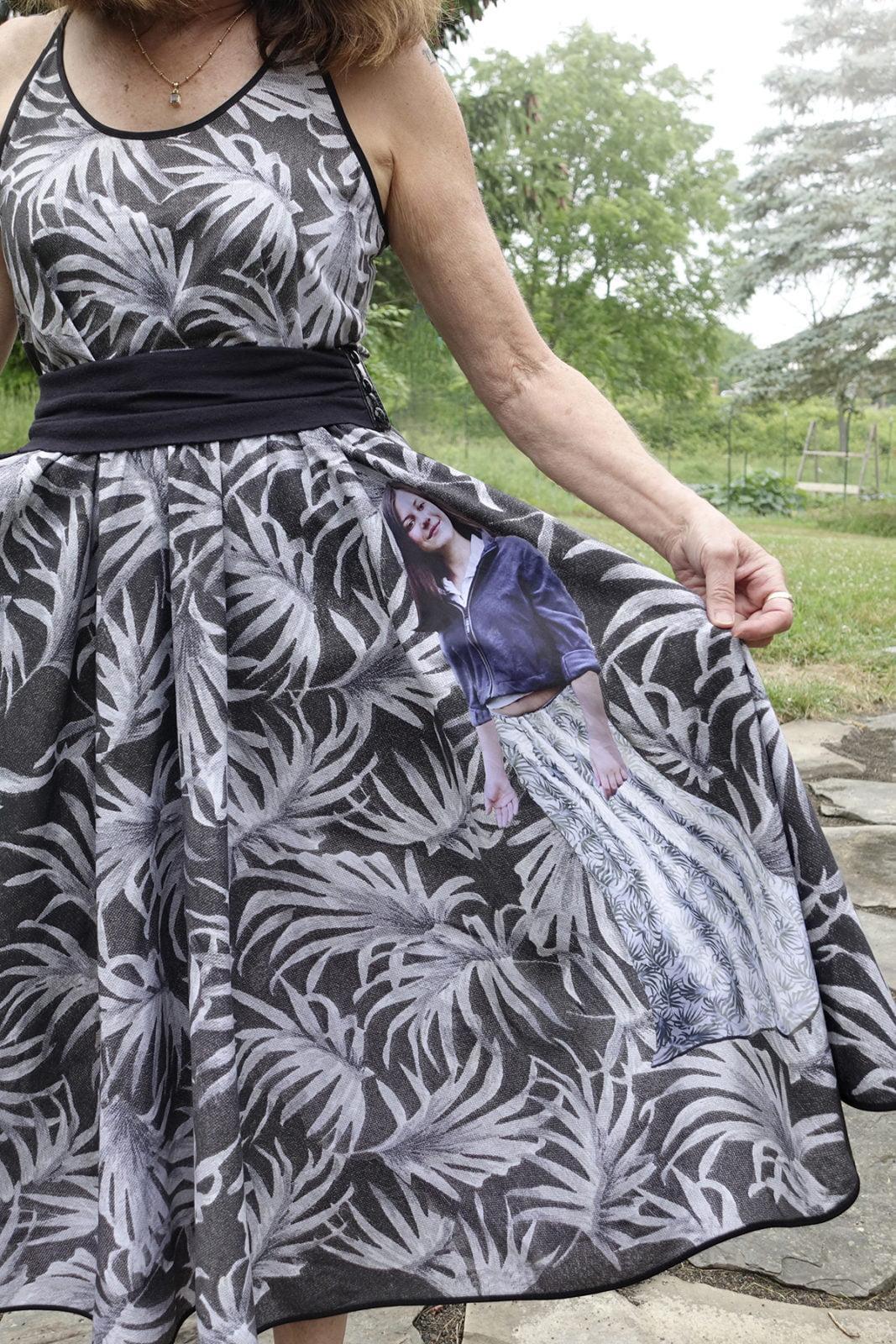Robin Botie of Ithaca, New York, photoshops a picture of her daughter who died onto a floral design and then gets the photo printed onto fabric so whe can sew it up into a dress.
