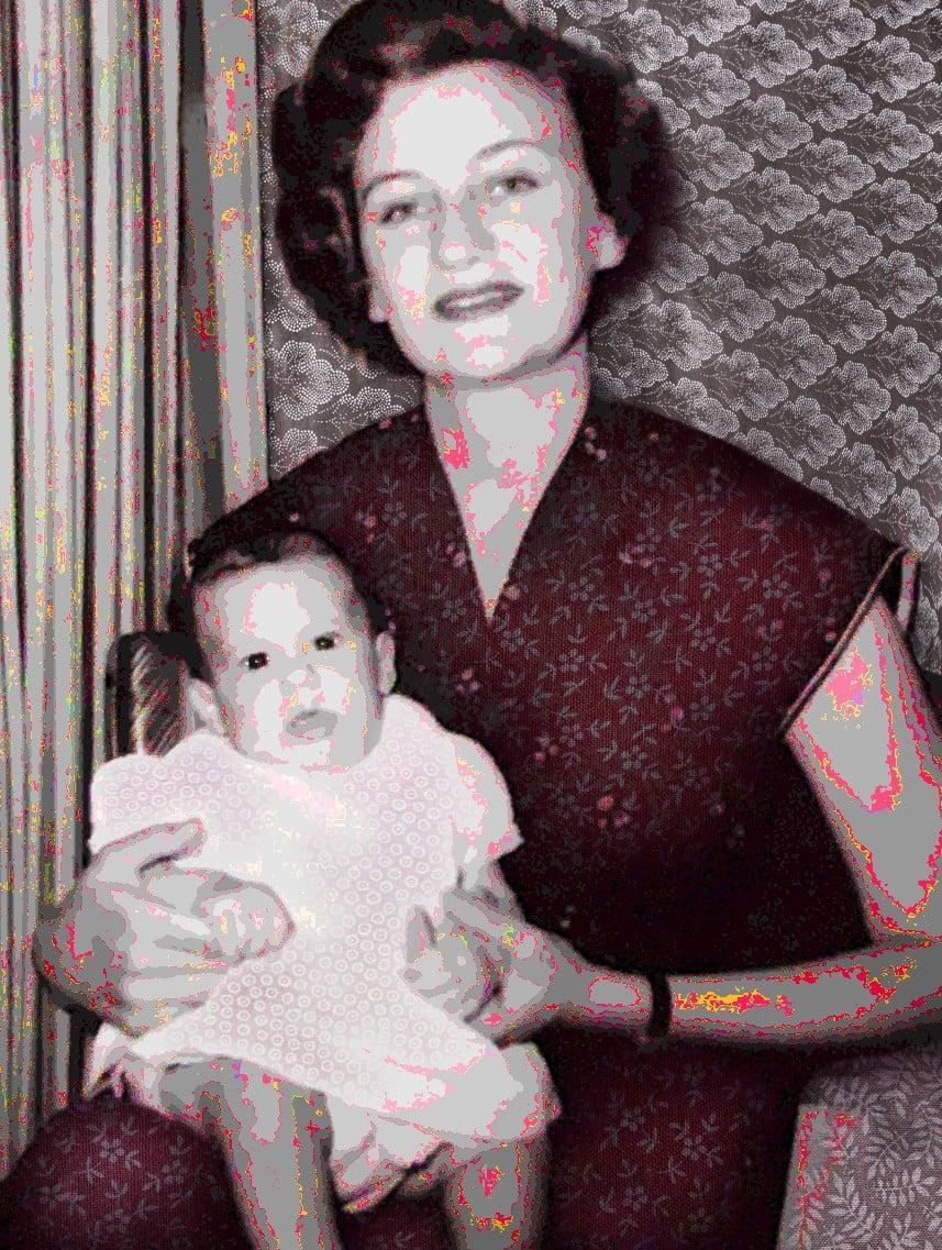 Robin Botie of Ithaca, New York, photoshops color and texture onto an old photo of herself and her mother for a post about expressing thanks and appreciation.