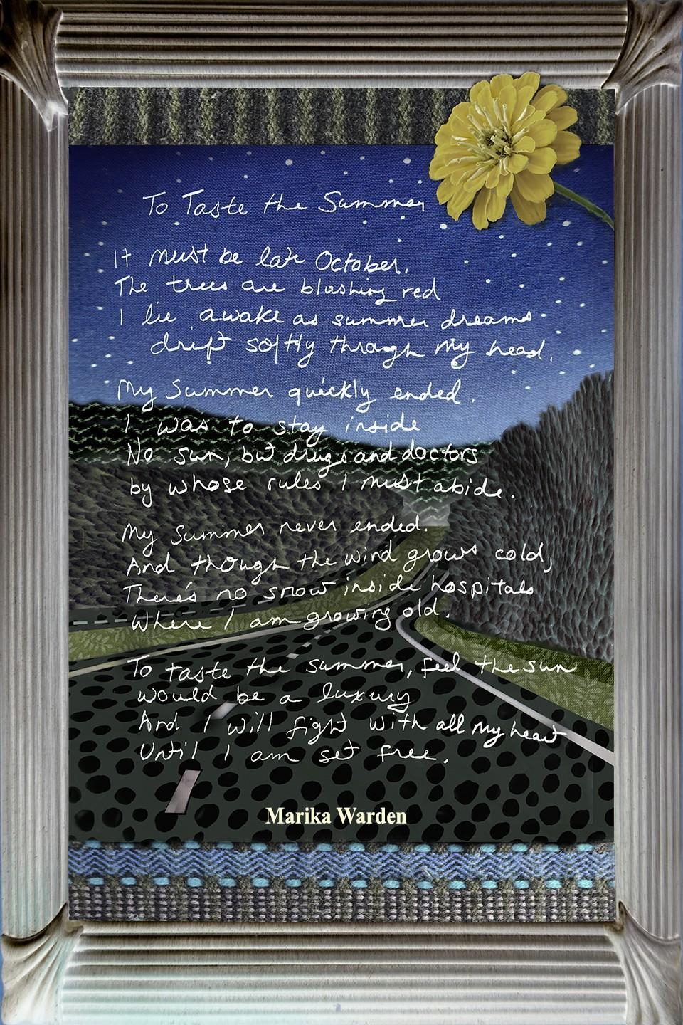 Robin Botie of Ithaca, New York, photoshops her daughter's poem onto a scene of driving the highway at night.